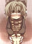  blush brown_eyes brown_hair commentary_request dress gaoo_(frpjx283) highres kurodani_yamame looking_at_viewer ribbon short_hair sitting solo toilet toilet_use touhou underwear 