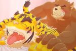  5_fingers anal anal_penetration anthro bear bed_sheet bedding blushed_face bodily_fluids brown_body brown_fur cum detailed_background duo eyebrows eyes_closed fangs felid fingers fur genital_fluids juuichi_mikazuki male male/male mammal markings morenatsu musclegut muscular muscular_male nipples pantherine penetration pink_nose pink_tongue red_nipples striped_body striped_fur striped_markings striped_tail stripes tail tail_markings teeth thick_eyebrows thin_eyebrows tiger tongue torahiko_ooshima wo 