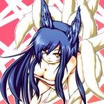  ahri animal_ears bare_shoulders bent_over black_hair breasts cleavage facial_mark fox_ears fox_tail kazudon398 large_breasts league_of_legends long_hair multiple_tails smile solo tail whisker_markings yellow_eyes 