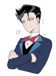  1boy black_hair black_vest blue_eyes blue_jacket bow bowtie buttons closed_mouth commentary_request cropped_torso crossed_arms flat_color green_eyes grey_hair grey_streaks hair_behind_ear hazbin_hotel hellaverse heterochromia highres jacket lapels layered_sleeves long_sleeves looking_ahead male_focus menma_(enaic31) multicolored_hair notched_lapels open_clothes open_jacket red_bow red_bowtie short_hair signature simple_background smile solo streaked_hair swept_bangs traditional_bowtie translation_request v-shaped_eyebrows very_short_hair vest vox_(hazbin_hotel) vox_(human)_(hazbin_hotel) white_background 