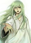  androgynous enkidu_(fate/strange_fake) fate/strange_fake fate_(series) green_eyes green_hair long_hair male_focus outstretched_hand robe seojung solo 