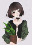  1girl arm_at_side bad_id bad_twitter_id black_choker black_shirt blunt_bangs blunt_ends bob_cut bomber_jacket brown_eyes brown_hair choker closed_mouth collarbone crop_top cropped_torso expressionless green_jacket grey_background head_tilt highres holding holding_plant jacket katase_bono lace-up_top leon_the_professional light_blush long_sleeves looking_at_viewer loose_hair_strand mathilda_lando midriff off_shoulder pendant_choker plant potted_plant shirt short_hair solo upper_body 
