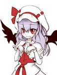  ascot bad_id bad_pixiv_id bat_wings blush capelet curiosities_of_lotus_asia hat hat_ribbon highres hiyokichi long_hair long_sleeves purple_hair red_eyes remilia_scarlet ribbon simple_background solo touhou wings 