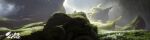  absurdres cave_interior chinese_commentary chinese_text commentary english_commentary english_text flock flower fog grass highres hill landscape logo moss original painterly scenery sculpture sunlight white_flower zhongjusun 