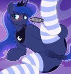 clothing equid equine female feral footwear friendship_is_magic hasbro hi_res horn horse inviting mammal my_little_pony mythological_creature mythological_equine mythology open_mouth pony princess_luna_(mlp) socks solo spread_legs spreading sunrise_hooves text unicorn winged_unicorn wings