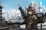  1girl assault_rifle black_hair cityscape girls'_frontline grenade_launcher gun highres holding holding_gun holding_weapon kcco_(girls'_frontline) long_hair m16 m16a1 m16a1_(girls'_frontline) military_vehicle mole mole_under_eye motor_vehicle multicolored_hair orange_hair red_hair rifle roughycolor solo streaked_hair tank typhon_(girls'_frontline) unlit_cigarette_in_mouth weapon 
