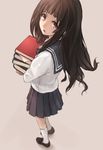  :o black_hair blurry book chitanda_eru depth_of_field from_behind full_body highres hyouka long_hair looking_at_viewer looking_back open_mouth pleated_skirt purple_eyes school_uniform serafuku simple_background skirt socks solo white_legwear xiao_qiang_(overseas) 