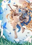  1girl absurdres black_gloves black_ribbon blonde_hair blue_butterfly blue_gem blue_sash boots bug butterfly chinese_commentary commentary_request gem gloves grass hair_ornament hair_ribbon hand_up hat highres huangyuandaidai open_mouth outdoors phoebe_(wuthering_waves) pink_eyes ribbon sash shirt smile solo striped_ribbon sun_hat white_boots white_hat white_shirt wuthering_waves x_hair_ornament 