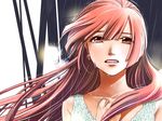  bangs bare_shoulders brown_eyes crying crying_with_eyes_open earrings eyelashes floating_hair hair_down half-closed_eyes hand_on_own_chest jewelry long_hair looking_at_viewer necklace nekomura_iroha parted_lips pink_hair portrait rain sad sleeveless solo tears toyu vocaloid wind 