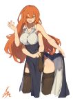  1girl :d bare_shoulders blue_skirt breasts brown_gloves brown_legwear collared_shirt contrapposto cropped_legs extra_arms gloves hair_between_eyes hand_up high-waist_skirt highres lansane large_breasts long_hair looking_at_viewer one_eye_closed open_mouth orange_eyes orange_hair original pelvic_curtain quadriri_(lansane) scar shirt side_slit signature simple_background single_glove skirt smile solo thighhighs very_long_hair white_background wing_collar 