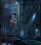  afloat barefoot black_hair closed_eyes covering covering_breasts floating_hair grey_hair hallway highres laboratory long_hair machine navel nude original science_fiction solo stasis_tank submerged tube ushas water 