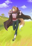  animal_ears anklet cloak grass holo jewelry open_mouth painpa red_eyes running sash spice_and_wolf tail wolf_ears wolf_tail 