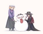  2girls :o alternate_costume black_boots black_coat black_gloves black_hat black_pants black_skirt blonde_hair boots bow breath brown_eyes brown_hair character_snowman coat commentary english_commentary full_body glasses gloves grey_boots hair_bow hat hat_bow high-waist_skirt highres maribel_hearn medium_hair mob_cap multiple_girls neck_ribbon necktie open_mouth pants purple_gloves purple_sweater red-framed_eyewear red_necktie red_ribbon red_scarf ribbon scarf signature simple_background skirt snowman squatting standing sweater there2007 tongue tongue_out touhou trench_coat usami_renko usami_sumireko usami_sumireko_(ghost) white_background white_bow white_hat yellow_eyes 
