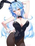  1girl :d ahoge animal_ear_hairband animal_ears arm_behind_head arm_up armpits bare_shoulders black_bow black_bowtie black_leotard black_pantyhose blue_hair bow bowtie braid breasts cleavage colored_tips commentary_request covered_navel crossed_bangs detached_collar double-parted_bangs fake_animal_ears fang flower hair_between_eyes hair_flower hair_ornament hairband half_up_braid hand_on_own_hip heart heart_ahoge highleg highleg_leotard highres hololive large_breasts leotard long_hair looking_at_viewer multicolored_hair open_mouth pantyhose playboy_bunny pointy_ears rabbit_ear_hairband rabbit_ears smile solo strapless strapless_leotard traditional_bowtie very_long_hair virtual_youtuber white_background white_wrist_cuffs wrist_cuffs yellow_eyes you06 yukihana_lamy 
