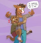 angry annoying anthro black_eyes black_hair black_text blue_bottomwear blue_clothing blue_pants blue_sweater blue_topwear bojack_horseman bojack_horseman_(character) bottomwear boxer_briefs brown_body brown_fur canid canine canis claws clothed clothing detailed_background domestic_dog duo equid equine eyebrows footwear fully_clothed fur glistening glistening_eyes green_clothing green_shirt green_topwear grey_clothing grey_footwear grey_jacket grey_socks grey_topwear grey_waistband hair heart_symbol hi_res horse hug insult jacket male male/male mammal matt_riskely monotone_boxer_briefs monotone_clothing monotone_underwear netflix open_mouth pants pantsless pantsless_anthro pantsless_male purple_background purple_text red_boxer_briefs red_clothing red_underwear sharp_teeth shirt simple_background smile socks speech_bubble sweater teeth teeth_showing text thick_eyebrows tinydeerguy toeless_footwear toeless_socks tongue_showing topwear underwear uvula white_clothing white_footwear white_socks