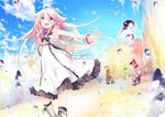  1girl ahoge bad_id bad_pixiv_id blue_eyes boots bracelet bubble cloud day dress ia_(vocaloid) indoors jewelry katou_itsuwa long_hair open_mouth paint pink_hair sky smile very_long_hair vocaloid white_dress 