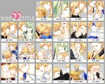  2boys androgynous armor artoria_pendragon_(all) back_kiss between_breasts biting blonde_hair blood bracelet breasts chart cheek_kiss dress ear_biting enkidu_(fate/strange_fake) eye_kiss fate/stay_night fate/strange_fake fate/zero fate_(series) foot_kiss forehead_kiss gilgamesh green_eyes green_hair hair_kiss hair_ribbon head_between_breasts highres jewelry kiss licking long_hair lorein multiple_boys neck_biting neck_kiss nose_bite pantyhose ponytail red_eyes ribbon saber translated 