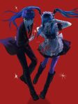  1boy 1girl absurdres amemiya_darumi apron arm_up arm_wrap black_boots black_bow black_dress black_hair black_necktie black_shoes blood blood_on_clothes blood_on_face blue_bow blue_hair boots bow bowing butler choker dress earrings eye_print eyepatch face_piercing facial_mark gloves grey_eyes hair_bow heart heart_facial_mark highres jewelry labret_piercing long_hair looking_at_viewer maid maid_apron maid_headdress multicolored_hair necktie nonamesiamese official_alternate_costume omokage_yugamu one_eye_closed piercing pink_eyes pink_thighhighs print_eyepatch red_background red_choker red_vest safety_pin shirt shoes short_hair the_hundred_line_-last_defense_academy- thighhighs tongue tongue_out twintails v v_over_eye vest white_gloves white_shirt 