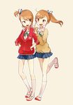  bad_id bad_pixiv_id brown_hair futami_ami futami_mami hand_on_another's_shoulder hands_in_pockets idolmaster idolmaster_(classic) idolmaster_2 jacket multiple_girls open_mouth pleated_skirt purple_eyes shoes short_ponytail siblings side_ponytail simple_background sisters skirt sleeves_pushed_up sweater tanaka_(colorcorn) track_jacket twins uwabaki walking white_legwear 