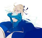  artoria_pendragon_(all) blonde_hair dress excalibur fate/zero fate_(series) green_eyes hair_ribbon heima00 highres invisible_air ribbon saber solo sword weapon 