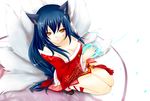  ahri animal_ears blue_hair braid breasts cleavage detached_sleeves facial_mark fox_ears fox_tail hair_ribbon korean_clothes league_of_legends long_hair medium_breasts mueacaty multiple_tails ribbon single_braid solo squatting tail whisker_markings yellow_eyes 