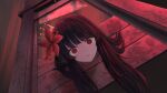  1girl absurdres black_hair commentary_request crown empty_eyes flower flower_on_head guillotine hair_flower hair_ornament highres kise_4444 long_hair looking_at_viewer magical_girl mahou_shoujo_no_majo_saiban nikaido_hiro parody red_eyes red_light scared sweat 