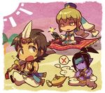  2boys alternate_costume arabian_clothes blonde_hair brown_eyes brown_hair carpet chibi crossed_arms deng_ai desert facial_hair feathers genie hat knife kotorai magic_carpet multiple_boys mustache oil_lamp palm_tree pointy_ears purple_skin shin_sangoku_musou shin_sangoku_musou_6 sima_zhao sparkle sword throwing_knife tree vest wang_yuanji weapon yellow_eyes 