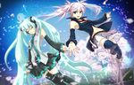  blue_eyes detached_sleeves green_hair hagane_miku hagane_vocaloid hair_ornament hatsune_miku long_hair momopanda multiple_girls necktie open_mouth pink_hair skirt smile thighhighs twintails very_long_hair vocaloid 