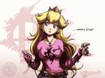  belt blonde_hair blue_eyes bracelet cable casual controller crown detached_sleeves earrings english game_console game_controller gamecube jay_phenrix jewelry kirby_(series) long_hair mario_(series) meta_knight mushroom open_fly pendant plug princess_peach smile solo star super_mario_bros. super_mushroom super_smash_bros. unzipped v-neck watermark 