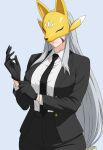  1girl absurdres alternate_costume black_gloves black_jacket black_necktie black_pants black_suit breasts closed_mouth collared_shirt commentary covered_eyes cowboy_shot digimon digimon_(creature) facial_mark fox_mask glove_pull gloves grey_hair highres jacket large_breasts long_hair long_sleeves low-tied_long_hair low_twintails mask necktie open_clothes open_jacket pant_suit pants sakuyamon shirt sidelocks simple_background solo standing suit suit_jacket suit_pants tsubasadraw twintails very_long_hair white_shirt yellow_mask 