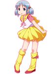  blue_eyes blue_hair cosplay full_body hair_cubes hair_ornament kneehighs light_blue_hair mahou_no_tenshi_creamy_mami morisawa_yuu morisawa_yuu_(cosplay) naganohara_mio nichijou sayousuke shirt shoes short_hair short_twintails skirt solo twintails very_short_hair white_background yellow_legwear yellow_skirt 