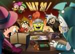  2girls 4boys 5boys :d ^^^ ^_^ android arms_behind_head arms_up bag belt blue_cape blue_eyes blue_hair board_game book brown_belt brown_capelet brown_gloves brown_hair brown_shirt burger cape capelet card clenched_hands cloak closed_eyes colored_skin commentary computer cosmo_(fairly_oddparents) cup danny_fenton danny_phantom dice disposable_cup drinking_straw dungeons_&amp;_dragons emphasis_lines english_commentary english_text excited fangs figure food french_fries game_console_case glasses gloves goddard_(jimmy_neutron) goggles goggles_on_head goggles_on_headwear green_cape green_capelet green_eyes green_skin grey_hair hair_bun happy hat helmet highres holding holding_wrench hood hood_up hooded_cape hooded_cloak izzy_(izbubbles) jenny_wakeman jimmy_neutron jimmy_neutron_(series) laptop laughing long_sleeves looking_at_another map model_kit multiple_boys multiple_girls my_life_as_a_teenage_robot nickelodeon notice_lines open_mouth orange_shirt pants pink_eyes pink_gloves pink_hair pink_shirt pink_skin pizza_box pointing pouch red_shirt robot round_eyewear screw screwdriver sharp_teeth shirt short_hair short_sleeves sitting smile sparkle spongebob_squarepants spongebob_squarepants_(series) surprised table teeth the_fairly_oddparents timmy_turner upper_teeth_only wanda_(fairly_oddparents) white_gloves white_hair wide-eyed wooden_table wrench yellow_eyes yellow_pants yellow_shirt 