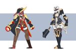  2girls arm_cannon arms_at_sides assault_visor clenched_hand clenched_teeth closed_mouth commentary deevious_deevi dual_arm_cannons english_commentary expressionless eyepatch flanged_mace full_body grin hat highres holding holding_mace holding_weapon hololive houshou_marine houshou_marine_(1st_costume) joints looking_at_viewer mace mechanical_hair mechanization multiple_girls red_eyes robot_girl robot_joints shadow shirogane_noel shirogane_noel_(1st_costume) simple_background smile standing teeth virtual_youtuber weapon 