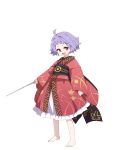  1girl absurdres ahoge baba_(baba_seimaijo) barefoot black_sash bowl commentary_request full_body highres holding holding_needle japanese_clothes kimono long_sleeves looking_at_viewer missing_headwear needle needle_sword obi open_mouth purple_hair red_eyes red_kimono sash short_hair simple_background smile solo sukuna_shinmyoumaru toes touhou white_background wide_sleeves 