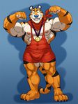  anthro bandanna biceps big_muscles black_fur blue_background blue_nose body_markings bodybuilder boxers bulge claws clothing fangs feline flexing fur grin grisser kellogg's looking_at_viewer male mammal markings mascot medal muscles nipples orange_fur pecs plain_background pose shirt shorts smile solo standing stripes tank_top teeth tiger toe_claws toned tony_the_tiger underwear whiskers white_fur wrestling yellow_eyes 