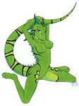  blue_eyes body_markings breasts female green_body green_scales green_skin holding_tail igna kneeing long_tail looking_at_viewer markings nipples pinup plain_background pose pussy scalie solo spread_legs spreading stripes tierafoxglove wariza 