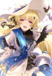 1girl adjusting_clothes adjusting_headwear arm_up artz_sama black_gloves black_ribbon blonde_hair blue_gem blue_sash cowboy_shot falling_petals gem gloves hair_ornament hair_ribbon hat highres open_mouth pantyhose petals phoebe_(wuthering_waves) purple_eyes ribbon sash shirt smile solo standing striped_ribbon sun_hat tacet_mark_(wuthering_waves) teeth upper_teeth_only white_background white_hat white_pantyhose white_shirt wuthering_waves x_hair_ornament 