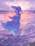  1girl atsuko_(blue_archive) atsuko_(swimsuit)_(blue_archive) beach bikini blue_archive camera closed_mouth cloud coat commentary_request halo hat holding holding_camera long_hair long_sleeves ocean outdoors profile purple_hair red_eyes signature sky solo sorano_eika standing sun_hat swimsuit wading water white_bikini white_coat white_hat 