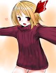  blonde_hair bow hair_ribbon han_(jackpot) open_mouth red_eyes ribbed_sweater ribbon rumia short_hair smile solo sweater touhou 