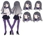  1girl belt big_hair black_footwear black_skirt blouse closed_mouth commentary_request copyright_request eyes_closed eyes_visible_through_hair gradient_hair grey_eyes grey_hair high_heels long_hair long_sleeves looking_at_viewer mochizuki_kei multicolored_hair multiple_views pantyhose purple_legwear ringed_eyes shirt simple_background skirt smile standing white_background white_shirt 