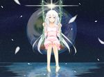  barefoot blue_eyes blush dress earth feet ia_(vocaloid) long_hair nokko petals planet reflection sitting smile soaking_feet solo space swing vocaloid water white_hair 