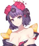  blacktheif bow breasts cleavage clothes_down collarbone fate/grand_order fate_(series) grey_eyes hair_ornament katsushika_hokusai_(fate/grand_order) looking_at_viewer medium_breasts purple_hair short_hair simple_background smile solo upper_body white_background yellow_bow 
