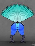  3:4 ambiguous_gender animal_genitalia anthro avian bent_over blue_body blue_feather_hair blue_feathers cloaca feathers feet genitals grey_wall hi_res hole_in_wall krakotl_(the_nature_of_predators) nicolas_3232 nohklu pink_cloaca solo talons the_nature_of_predators toes 