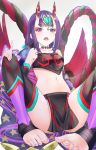  absurdres barefoot black_sleeves choker collarbone crop_top detached_sleeves eyebrows_visible_through_hair fangs fate/grand_order fate_(series) hair_ornament hand_on_own_knee highres horns index_finger_raised leggings looking_at_viewer makeup midriff navel open_mouth purple_hair short_hair shuten_douji_(fate/grand_order) shuten_douji_(halloween)_(fate) sitting solo stomach toratora_(nanahaba) 