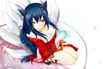  ahri animal_ears bad_id bad_pixiv_id blue_hair braid breasts cleavage detached_sleeves facial_mark fox_ears fox_tail hair_ribbon league_of_legends long_hair medium_breasts mueacaty multiple_tails ribbon single_braid solo squatting tail whisker_markings yellow_eyes 