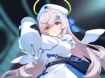  1girl beatrixa_(stella_sora) black_gloves blue_necktie collared_shirt commentary_request crossed_bangs gloves grey_hair hair_between_eyes hair_ornament half_gloves halo highres holding holding_syringe large_syringe long_hair long_sleeves looking_at_viewer necktie ochiaki oversized_object parted_lips red_eyes shirt solo stella_sora stethoscope syringe thighhighs upper_body wing_collar x_hair_ornament 