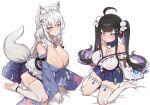  2girls absurdres ahoge animal_ears bare_shoulders barefoot black_hair blue_eyes blue_hakama blue_kimono blue_skirt blush breasts chitose_(stella_sora) cleavage clothing_cutout collarbone detached_sleeves ebora fox_ears fox_tail hair_ornament hakama hakama_short_skirt hakama_skirt heart highres hip_vent huge_breasts japanese_clothes kimono large_breasts long_hair looking_at_viewer maid maid_headdress mole mole_under_eye multicolored_hair multiple_girls nontraditional_miko off_shoulder official_alternate_costume official_alternate_hairstyle otoha_(stella_sora) pleated_skirt purple_eyes purple_hair simple_background sitting skirt smile stella_sora tail thighhighs twintails two-tone_hair wa_maid wariza white_background white_hair white_thighhighs x_hair_ornament 