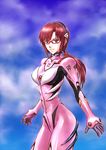  blue_eyes bodysuit evangelion:_2.0_you_can_(not)_advance glasses headband highres jmogutan makinami_mari_illustrious neon_genesis_evangelion pink_bodysuit plugsuit ponytail rebuild_of_evangelion red-framed_eyewear red_hair solo 