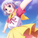  :d blue_eyes blue_hair cloud cosplay day hair_cubes hair_ornament happy light_blue_hair mahou_no_tenshi_creamy_mami morisawa_yuu morisawa_yuu_(cosplay) naganohara_mio nichijou open_mouth outstretched_arms sayousuke shirt short_hair short_twintails skirt sky smile solo spread_arms twintails very_short_hair 