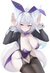  1girl :3 absurdres alt_text animal_ear_fluff animal_ear_hairband animal_ears black_garter_straps black_thighhighs blush bow bowtie breasts cleavage closed_mouth collar commentary_request detached_collar fake_animal_ears fingernails garter_straps hair_between_eyes hairband highleg highleg_leotard highres indie_virtual_youtuber invisible_chair lace-trimmed_garter_straps large_breasts leotard long_hair looking_at_viewer lp_(lp0000_k) nail_polish playboy_bunny purple_bow purple_bowtie purple_hairband purple_leotard rabbit_ears rabbit_pose red_eyes second-party_source simple_background sitting solo spanish_commentary strapless strapless_leotard tail tailcoat tailcoat_playboy_bunny thighhighs traditional_bowtie virtual_youtuber white_background white_collar white_hair white_wrist_cuffs wrist_cuffs 